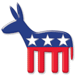 An image of the Democratic party donkey. The shape of the symbol is that of a donkey with stars and stripes on it.