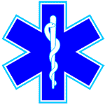 An image of the ‘star of life– that is found throughout hospitals and emergency vehicles. It is a six pointed star icon with the rod of Asclepius in the center. The rod is a staff with a snake climbing up it.
