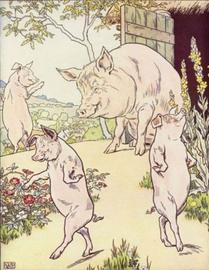 A painting representing the “Three Little Pigs” from the children’s story. Shown are the mother sow, and her three piglets. All are smiling and happy.