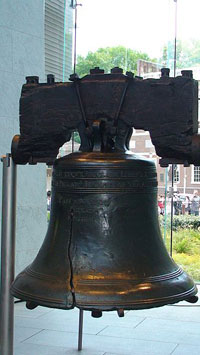 A photograph of the Liberty Bell in Philadelphia, PA. It is a large bell with a crack in it.