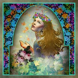A painting of a fair maiden sitting amongst leaves and surrounded by flowers. She represents beauty, purity, and innocence.