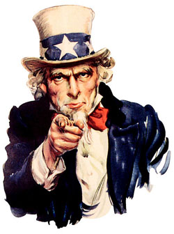 A painting of ‘Uncle Sam’, and older man with longish white hair, a white goatee, wearing a top hat, jacket, and bow tie. He is looking straight out and pointing the index finger of his right hand at the viewer.
