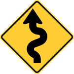 A road sign warning drivers that the road ahead is curvy. It is upward pointing arrow that has left to right curves in it.