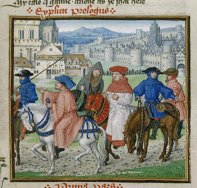 color illustration of six pilgrims from the Canterbury Tales passing through a medieval town; they are riding horses