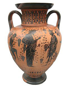A photograph of an ancient Greek amphorae. It is a vase with a base, an open fluted neck, and large handles to grab .
