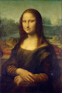 A photographof the Mona Lisa, a paintng of a young woman by Leonardo Da Vinci