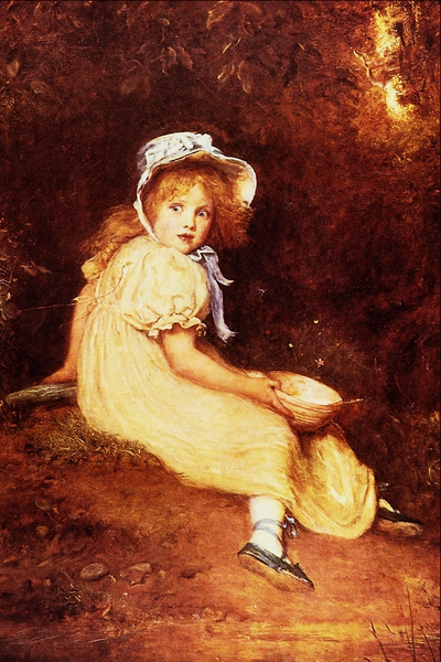 A painting of the character ‘Little Miss Muffett.” She is a surprised, or frightened little girl wearing a bonnet and holding a bowl with a spoon in it.