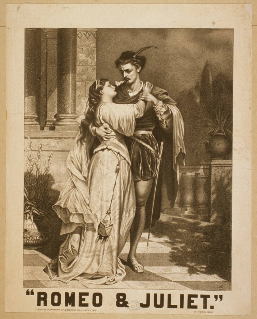 A poster from an 1879 production of “Romeo and Juliet.” It shows Romeo and Juliet embracing, quite possibly about to kiss one another.
