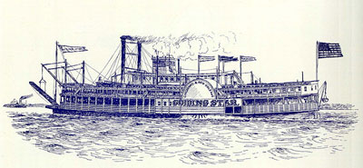 A drawing of a Mississippi River Boat steaming along the river. The boat has three decks, a large paddle wheel and two tall smoke stacks.