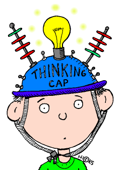 Boy with a “thinking cap” that has a light bulb, flashing lights, and knobs.