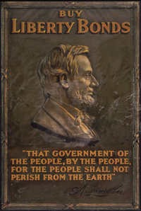 Poster with a side profile of Abraham Lincoln and beneath him the words “That government of the people, by the people, for the people shall not perish from the earth”