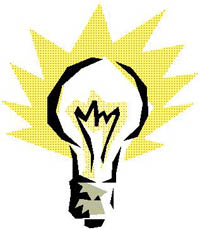 A graphic of a light bulb with light radiating from it