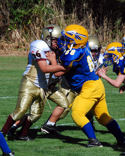 A photograph of Pop Warner aged boys playing full contact football.