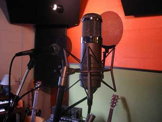 A photograph of a microphone in a recording studio.