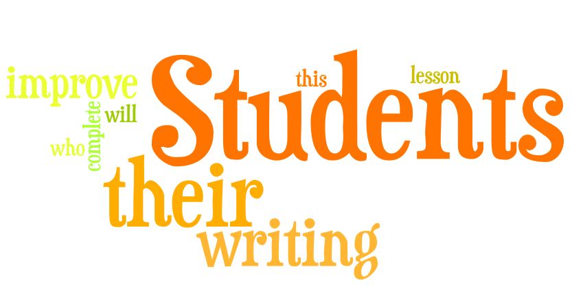 A word cloud that uses the words from this sentence “Students who complete this grammar lesson will improve their writing.”