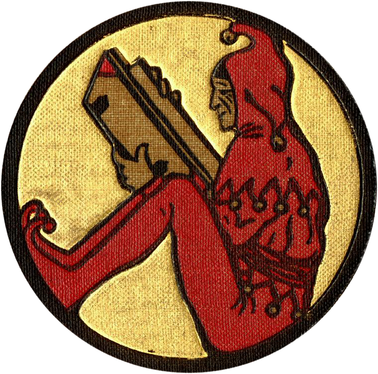 Embroidered patch picturing a figure in jester garb sitting reading a book