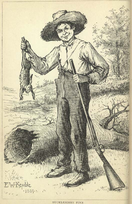 A crosshatching illustration of Huckleberry Finn holding a rabbit and a rifle