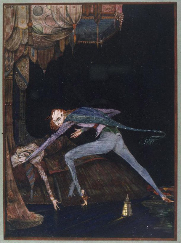 A painting of the wraithlike narrator-character of Poe’s ’The Tell-Tale Heart,’ dominating the body of some victim