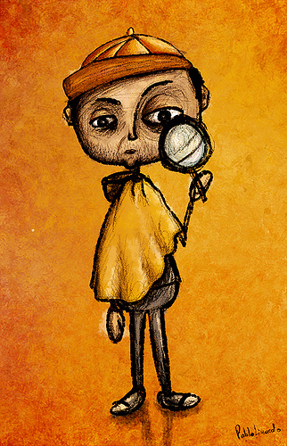 Illustration of a sleuth after the style of cartoons, magnifying glass to eye, gazing suspiciously