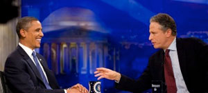 A photograph of Jon Stewart and President Obama on the set of the “Daily Show”