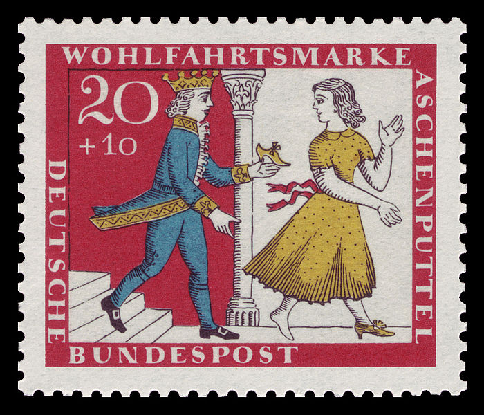 A German postage stamp showing a prince, holding a slipper approaching a young woman wearing only one slipper