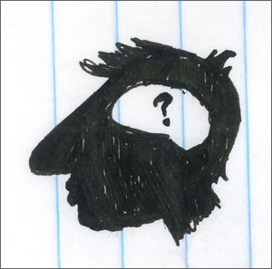 A silhouette drawing of a boy’s head with a space in the middle. In the space is a question mark.