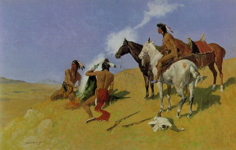 A Frederic Remington painting of a group of American Indians sending a smoke signal