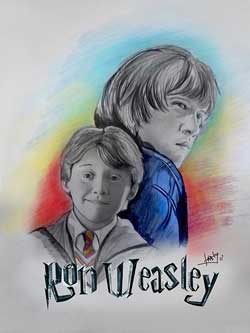 A painting of the Harry Potter character Ron Weasley. It shows him as a boy and a young man.
