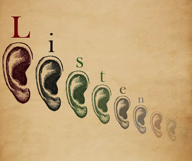 Images of ears fading into the distance with the word listen spelled out  above them and also fading 