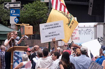 Americans protest the building of a mosque in lower Manhattan. 