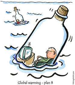 This cartoon shows people living their daily lives while bobbing on an ocean in glass bottles, with the caption: “Global Warming, Plan B”. Image by Fritz Ahlefeldt-Laurvig, 2009.