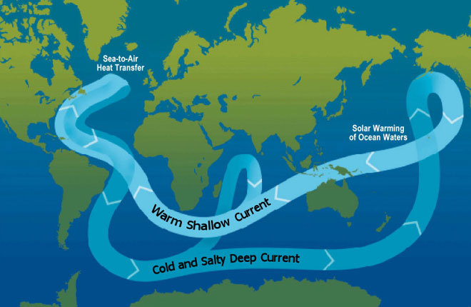 Small world map depicting ocean currents. They flow west across the globe as a ‘warm shallow current’ and circle back around the globe as a ‘cool and salty, deep current’ in an ongoing cycle.