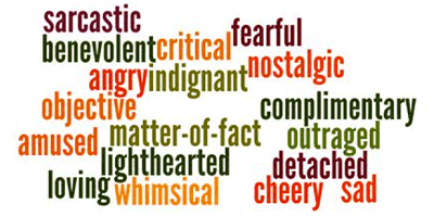 Word cloud graphic with the following words: sarcastic, benevolent, critical, fearful, angry, indignant, nostalgic, objective, complimentary, amused, matter-of fact, outraged, lighthearted, detached, loving whimsical, cheery, sad.