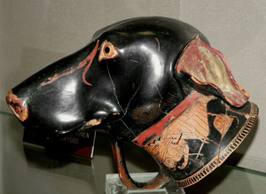 Ancient Greek rhyton (vessel) in the shape of a dog’s head, made by Brygos, early 5th century BC. Jérôme Carcopino Museum, Department of Archaeology, Aleria