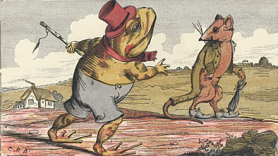 A colorful illustration of a frog and rat dressed in suits walking down a country road