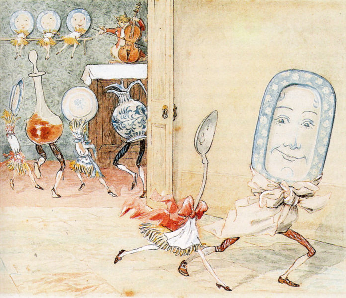 A colorful illustration of the dish and spoon running away. The drawing is used to illustrate the poem “Hey Diddle Diddle.”