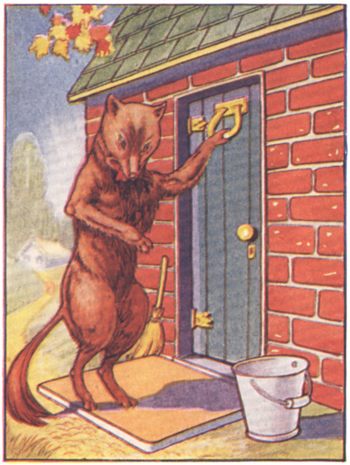 A colorful illustration of a wolf standing upright, knocking on the door of a brick house.