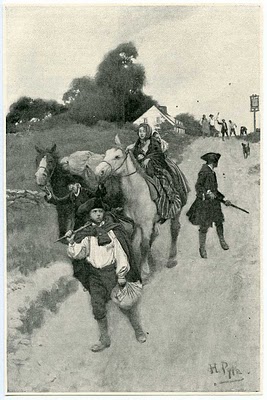 A black and white painting of Tory refugees fleeing during the Revolutionary War