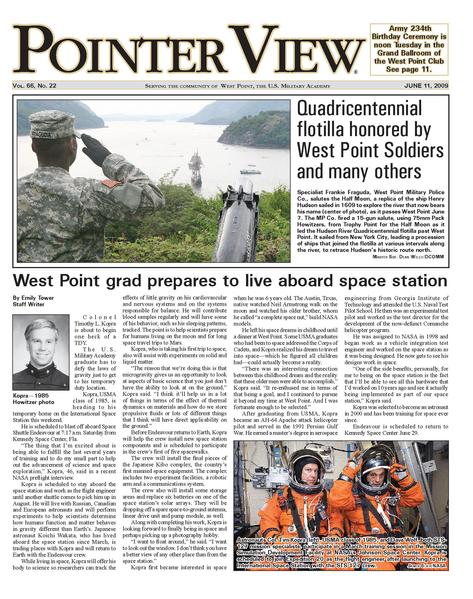 The front page of the West Point newspaper showing an article about a graduate who is going to live aboard a space station.