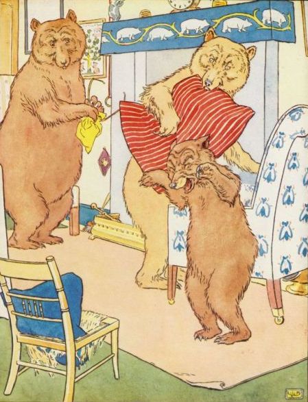 A color drawing of the three bears with Papa Bear holding paper and spectacles, Mama Bear holding a pillow, and Baby Bear crying.