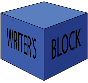 A blue block with the words “Writer’s Block” on the front.