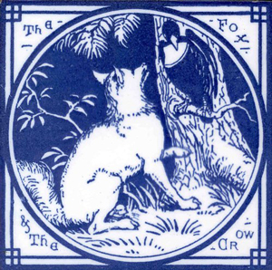 A drawing of a fox looking up at a crow. The title. “The Fox and The Crow” is drawn in the each of the corners of the picture.