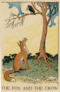 An image of the cover of the book “The Fox and The Crow.” It is a drawing of a hungry fox looking up at a crow in a tree.