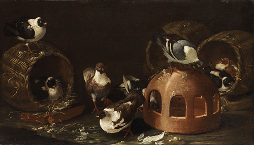A painting of doves inside and atop their basket containers.