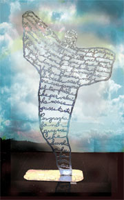 An image of the ‘Poetry Angel’, an angel shaped figure full of words.