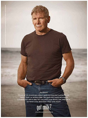 A poster of actor Harrison Ford posing for a “Got Milk?” ad.