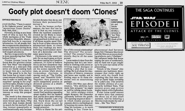 A page from a newspaper movie review titled “Goofy plot doesn’t doom clones”