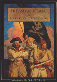  The cover of the Robert Louis Stevenson book, Treasure Island. On the cover are several pirates; a captain with two pistols, a man with a cutlass, and a man raising the skull and crossbones flag, the Jolly Roger