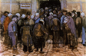 A painting of a crowds outside of a lottery office. The painting was created in 1883.