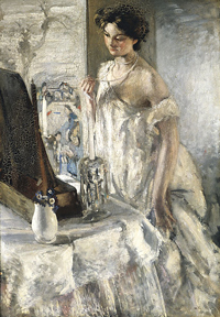 A painting of a woman in an evening gown looking in to a mirror. She has around her neck pearl necklace.